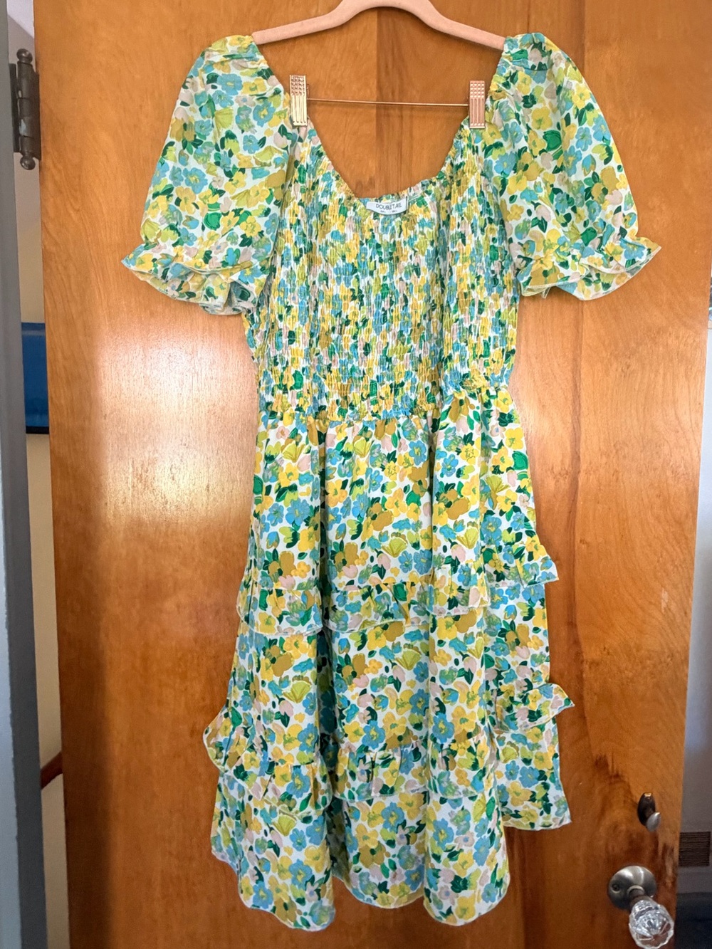 Floral Smocked Puff-Sleeve Midi Dress - Yellow & Green